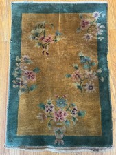 ANTIQUE CHINESE ART DECO NICHOLS HAND MADE YELLOW WITH GREEN BORDER 34”x24” picture
