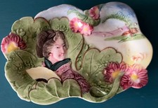 Antique Porcelain Hand Painted Majolica Barbotine Ceramic Trinket Dish picture