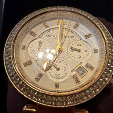 Michael Kors Parker Gold-Tone Chronograph Date Crystal Bezel Watch 39mm Box picture