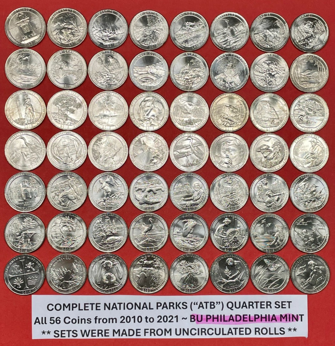 2010-2021 National Park Quarters Set 56 Coins Uncirculated All PHILADELPHIA Mint 2010-2021 National Park Quarters Set 56 Coins Uncirculated All PHILADELPHIA Mint