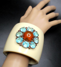 French Galalith Blue Rhinestone Apple Juice Bakelite Massive Vintage Bracelet picture