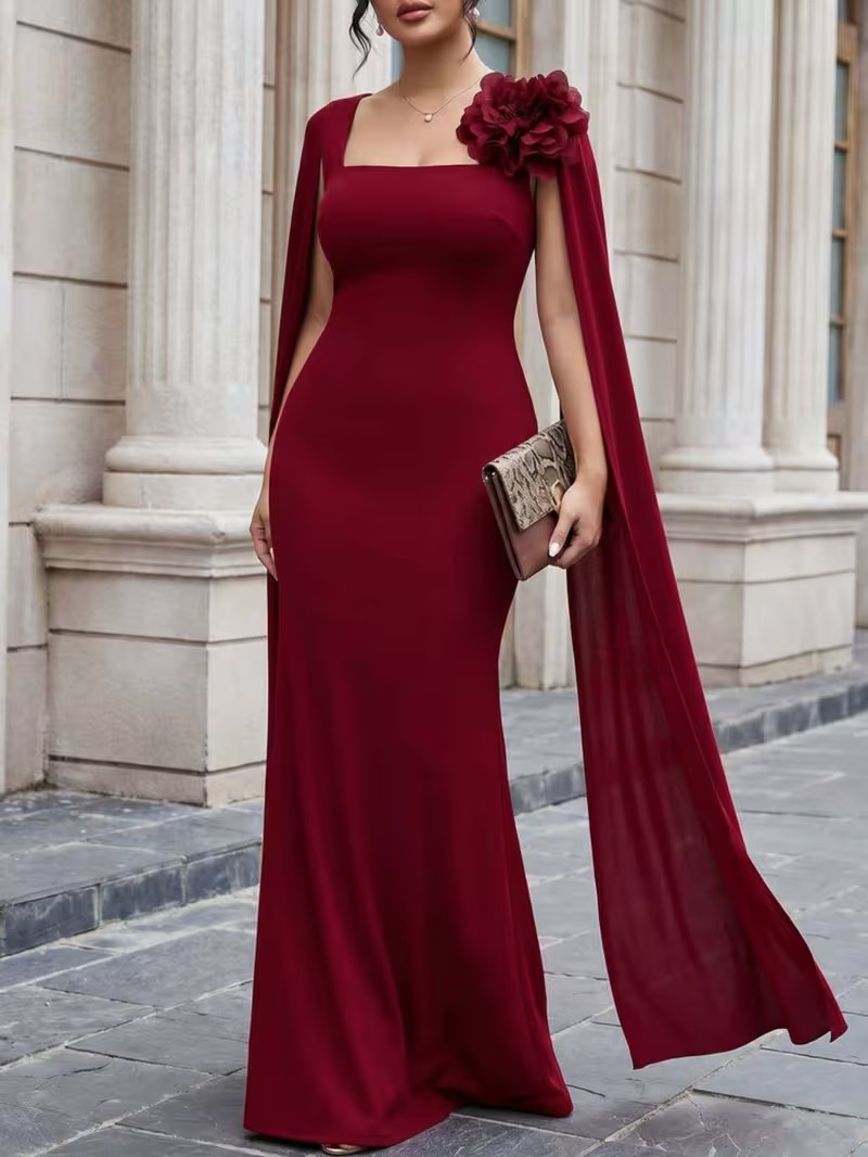 Plus Size Red Mermaid Maxi Dress1XL 2XL 3XL Square Neck 3D Floral Luxury Evening Plus Size Red Mermaid Maxi Dress1XL 2XL 3XL Square Neck 3D Floral Luxury Evening