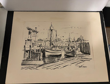 RARE ORIGINAL LITHOGRAPH BY JAS F MURRAY GLOUCESTER DOCKS MA, SIGNED & NUMBERED picture