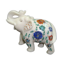 Marble stone elephant 5" statue Gemstone inlay Floral work handmade figurine gif picture