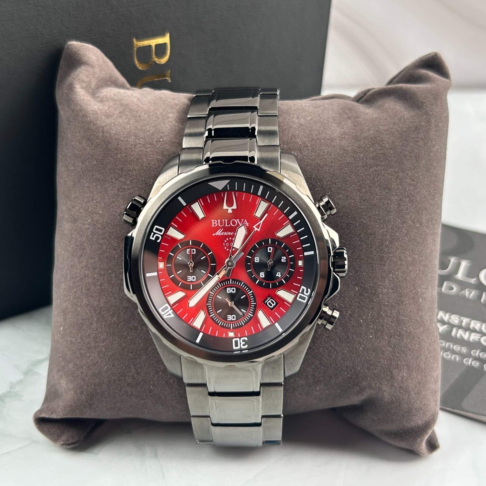 Bulova Marine Star 98B350 Red Dial Gray Band Chronograph Men's Quartz Watch 43MM Bulova Marine Star 98B350 Red Dial Gray Band Chronograph Men's Quartz Watch 43MM