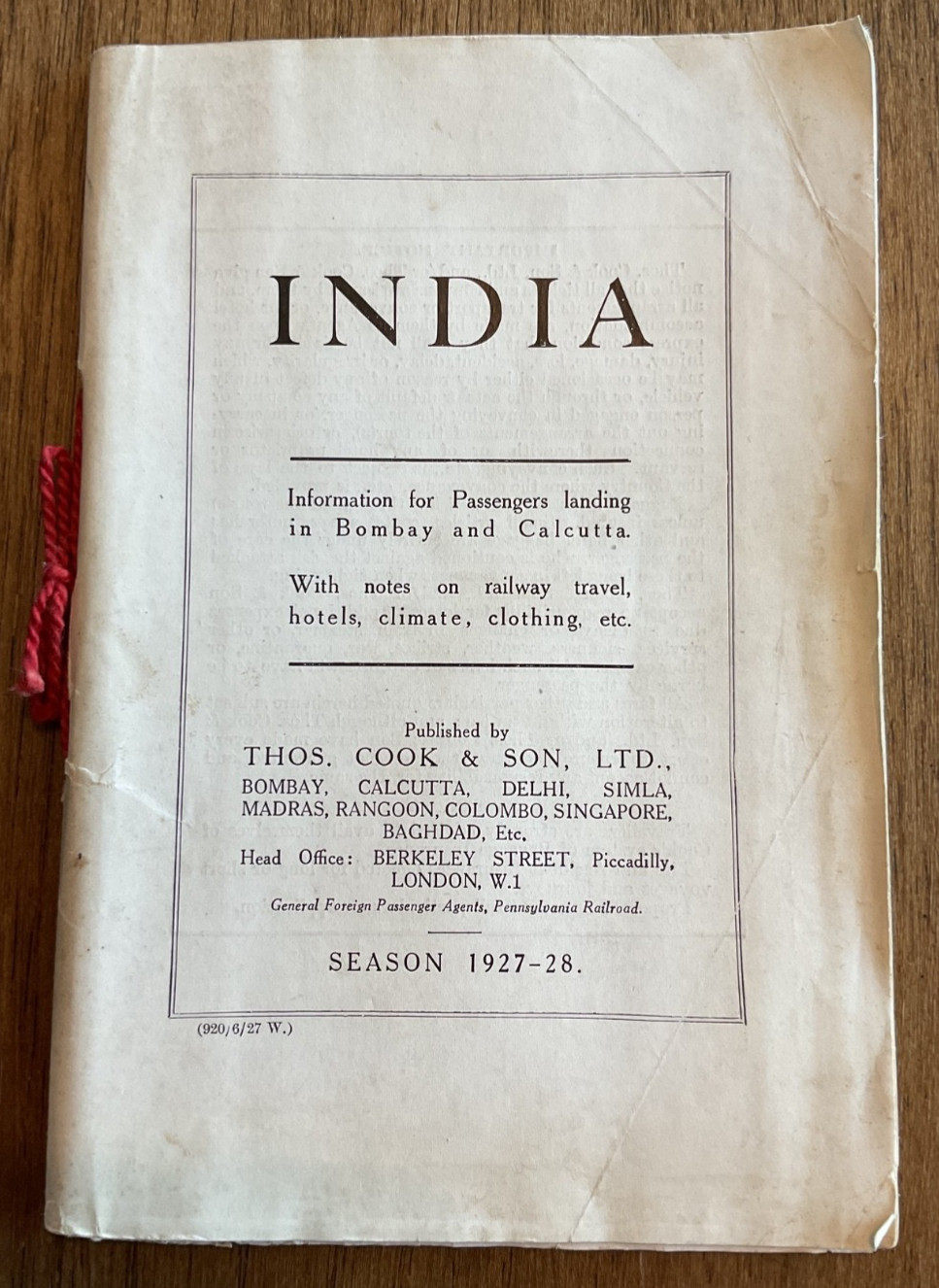 Vintage 1927-28 India Travel Pamphlet Thos. Cook & Son, LTD