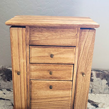 Wood Jewelry Box w/ Mirror, Lined Fabric, Brown, Holds 25+ Pieces picture