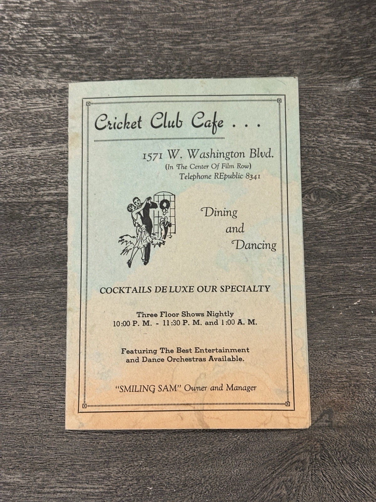 1940s Cricket Club Cafe Los Angeles Cocktail Menu Film Row Nightclub