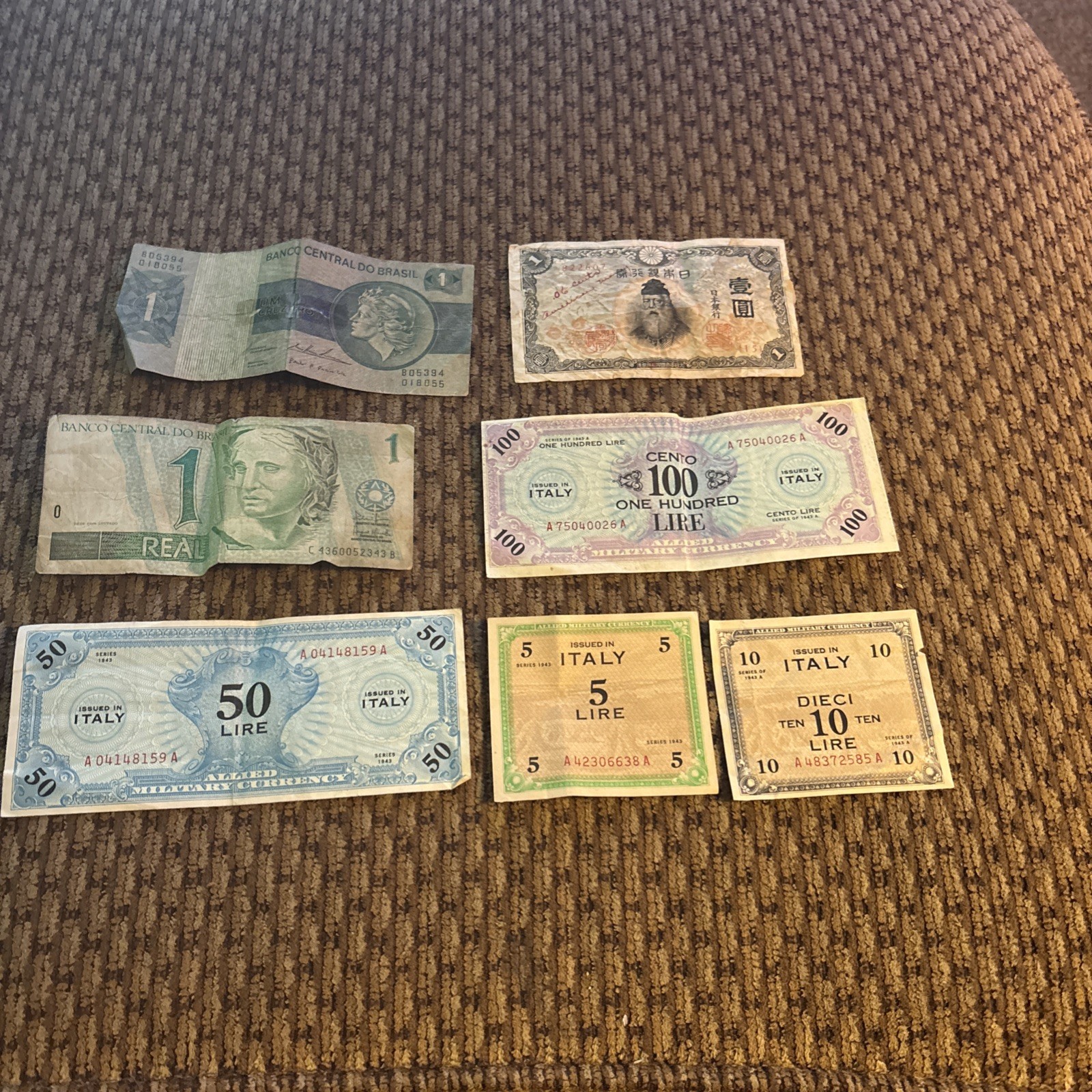 7 Pc Lot Of 1940s WWII Allied Military Currency From Italy, Brazil & Asia