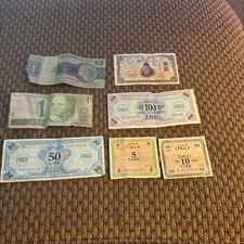 7 Pc Lot Of 1940s WWII Allied Military Currency From Italy, Brazil & Asia picture