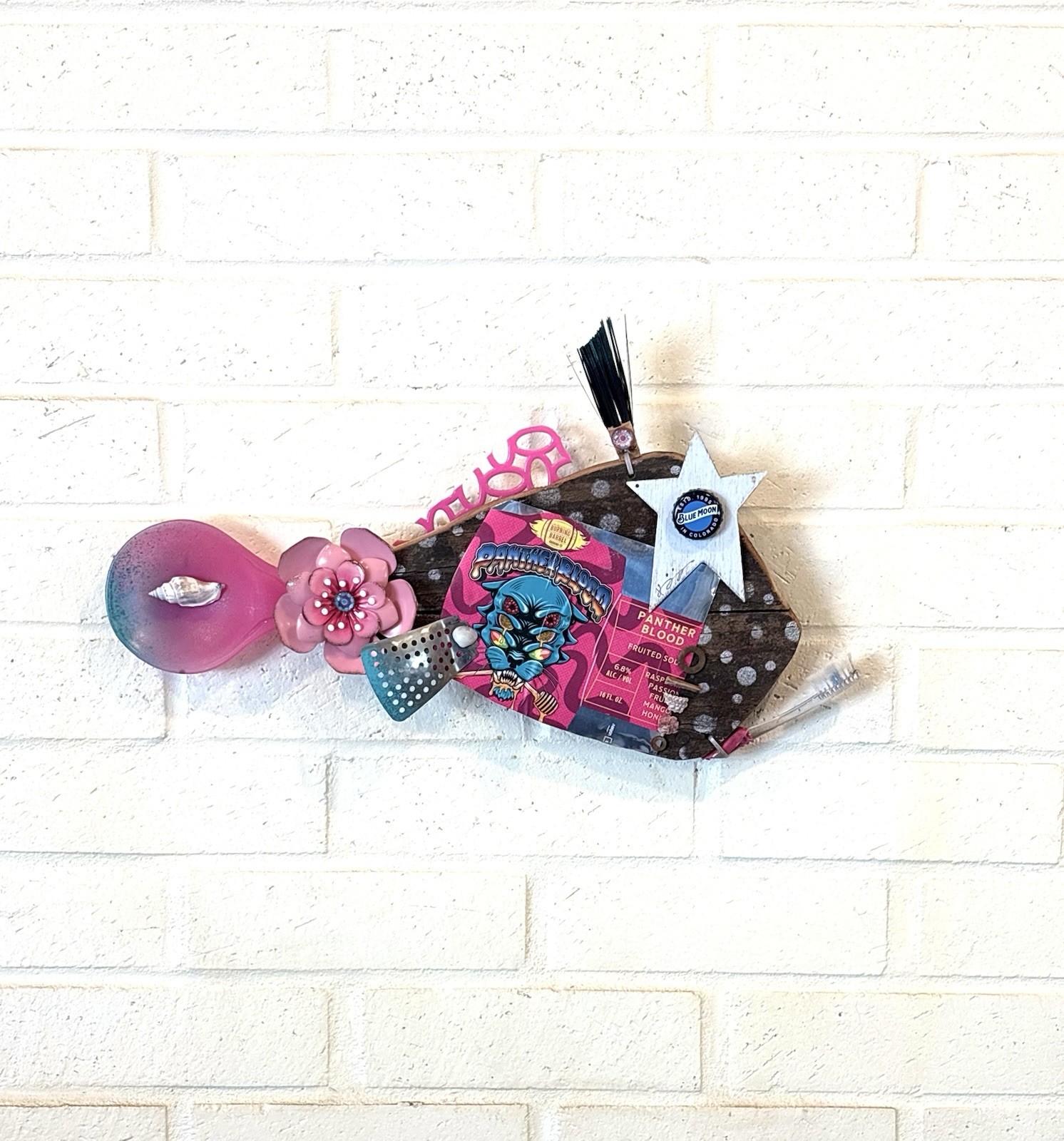 Superstar Aloha Fish, Driftwood Wall Art, Blue, White, Wood, Recycled Art,