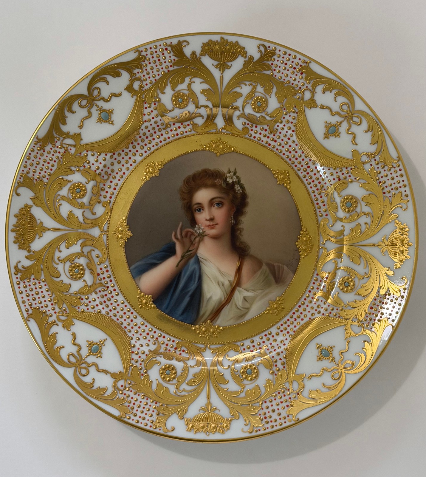 Antique Royal Vienna Style Pompadour Portrait Plate Signed Wagner Jeweled 9.6" Antique Royal Vienna Style Pompadour Portrait Plate Signed Wagner Jeweled 9.6"