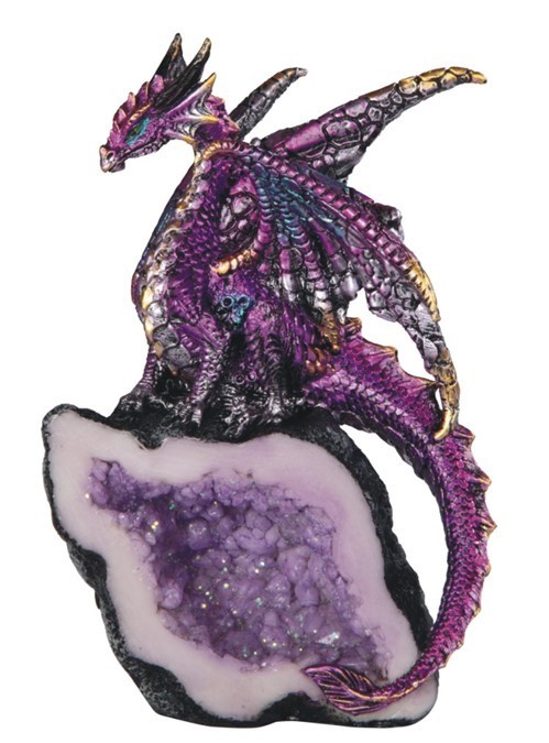 PURPLE CRYSTAL DRAGON       Purple Dragon on Crystal Geode    Statue   H5.5"