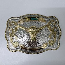 Large Western Bull Cowboy Cowgirl Gold/Silver Metal Belt Buckle picture