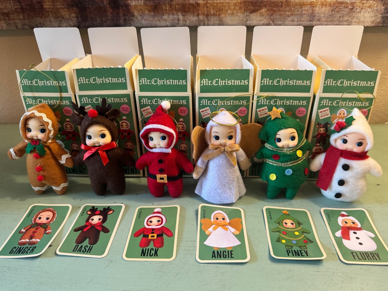 SET 6 Mr Christmas Mystery Mini Elf Ornament Ginger Dash Angie Piney Flurry Nick SET 6 Mr Christmas Mystery Mini Elf Ornament Ginger Dash Angie Piney Flurry Nick
