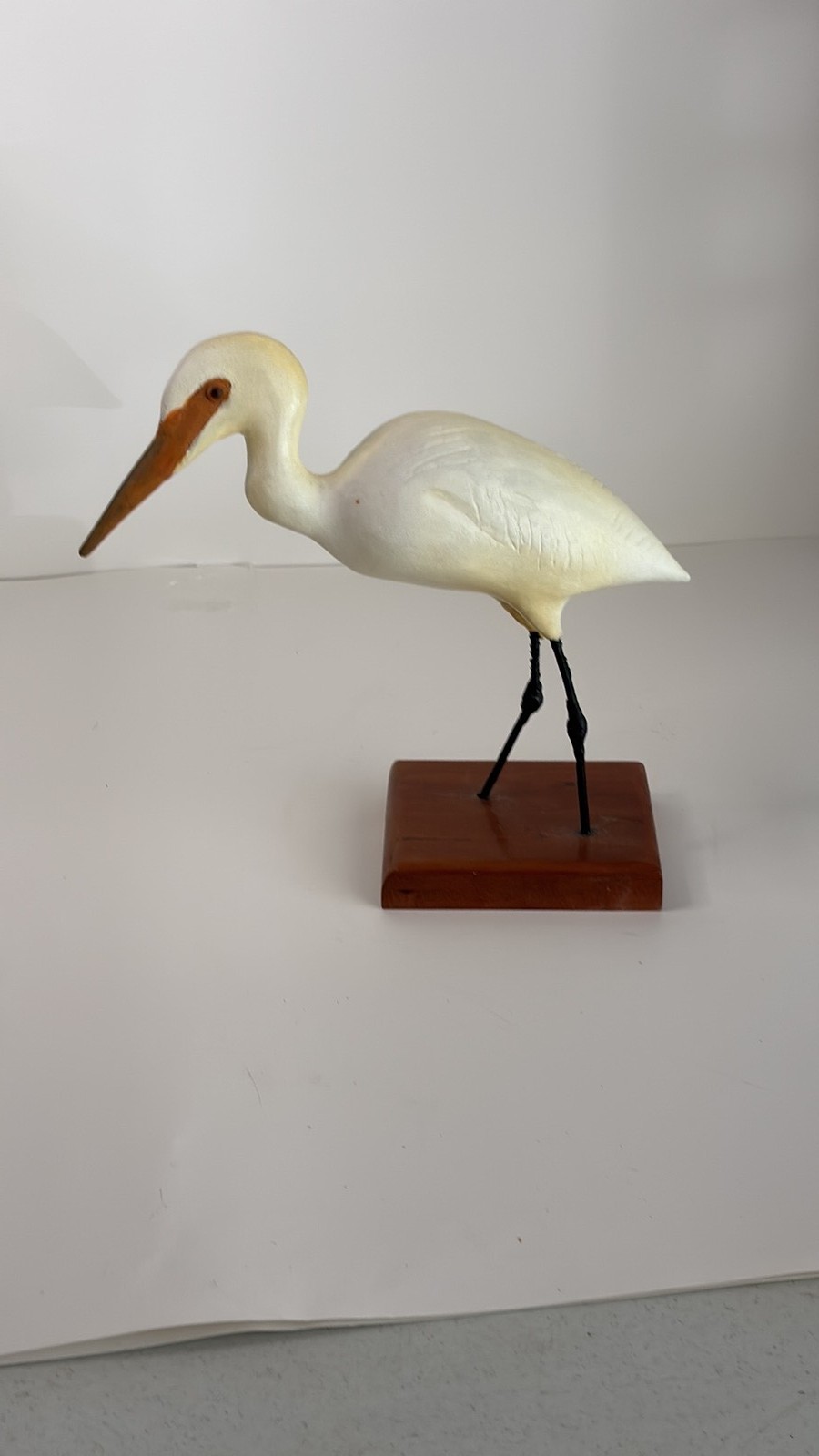 Vintage Hand-Carved Wooden Egret Figurine on Block Base
