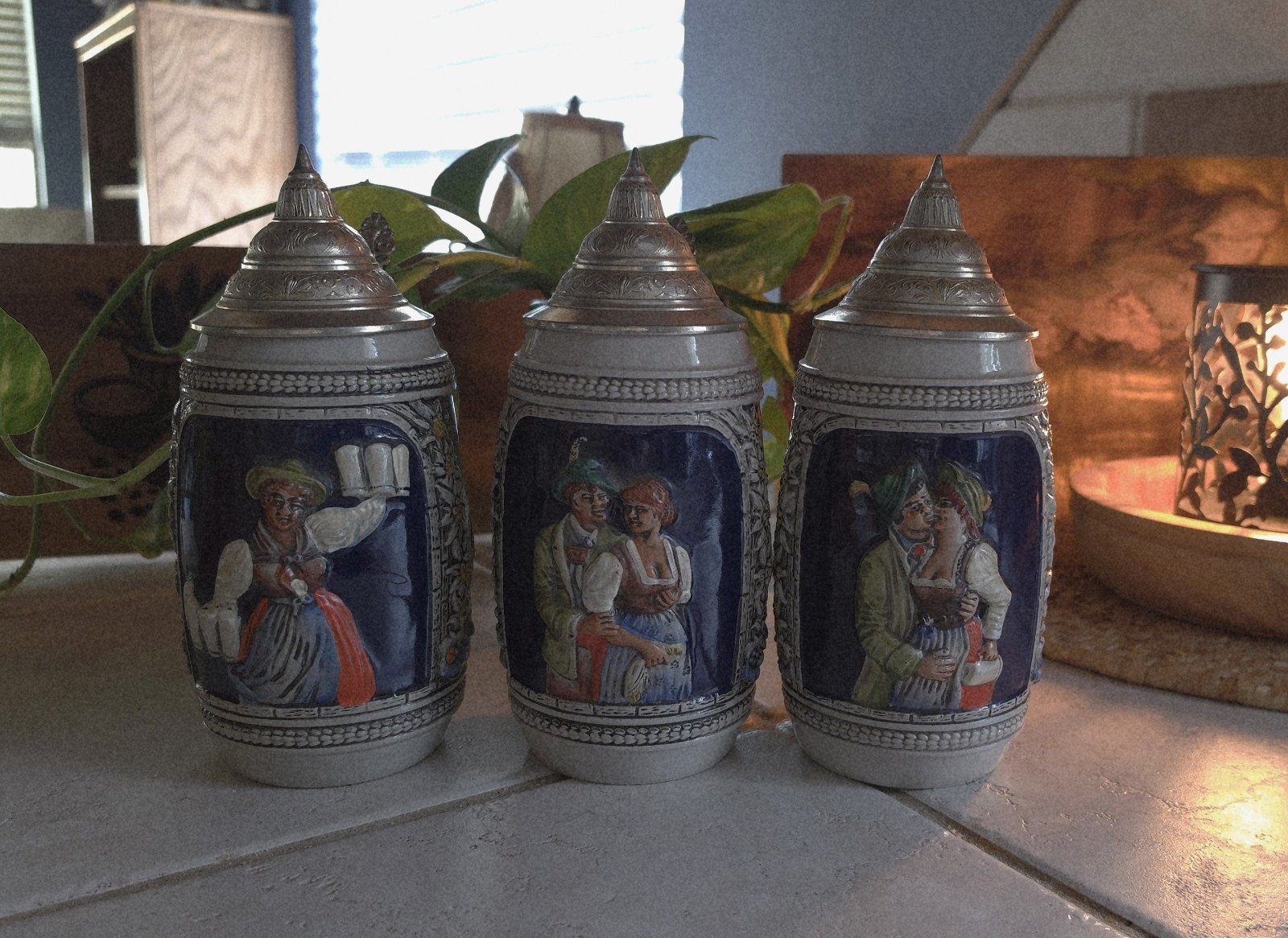 3 Vintage German Stoneware Lidded Beer Steins, DBGM, Gerz UNUSED 3 Vintage German Stoneware Lidded Beer Steins, DBGM, Gerz UNUSED