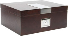 Mahogany Wooden Cigar Humidor with Golden Metal Holds up to 50 Cigars Best Man G picture