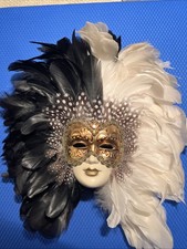Venetian Feather Mask Handcrafted Wall Art Masquerade Ceramic Gold Black White picture