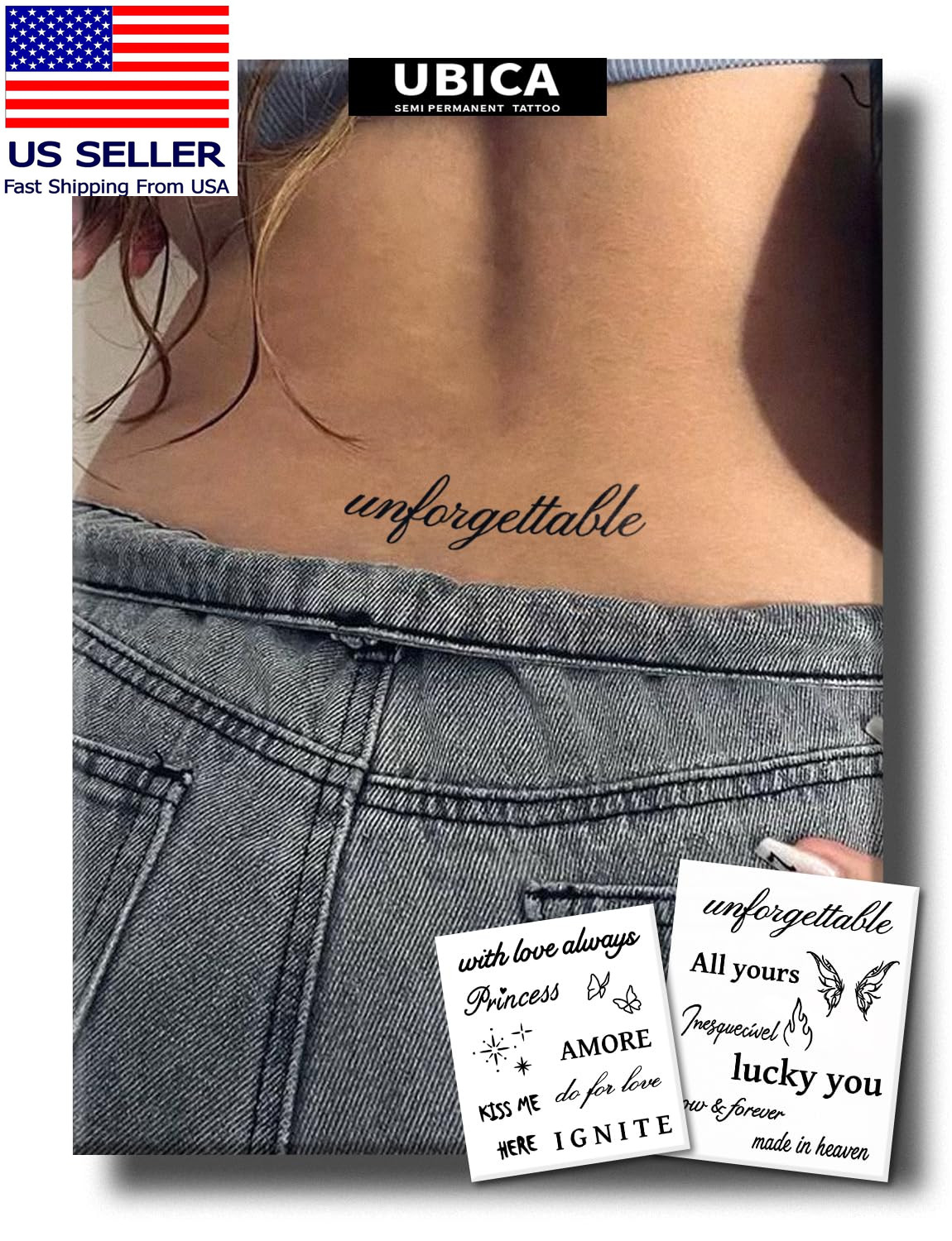 Semi Permanent Tattoo, "Unforgettable" Words Script Design, Small | 2 Sheets, Re Semi Permanent Tattoo, "Unforgettable" Words Script Design, Small | 2 Sheets, Re