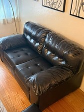 Dark Brown Faux Leather Sofa With Matching Footrests - Excellent Condition picture