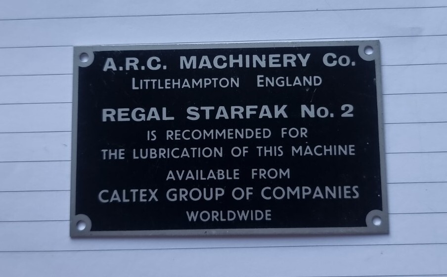 A.R.C Machinary Co. Littlehampton Caltex Oil  Lubrication Plate Regal Starfak