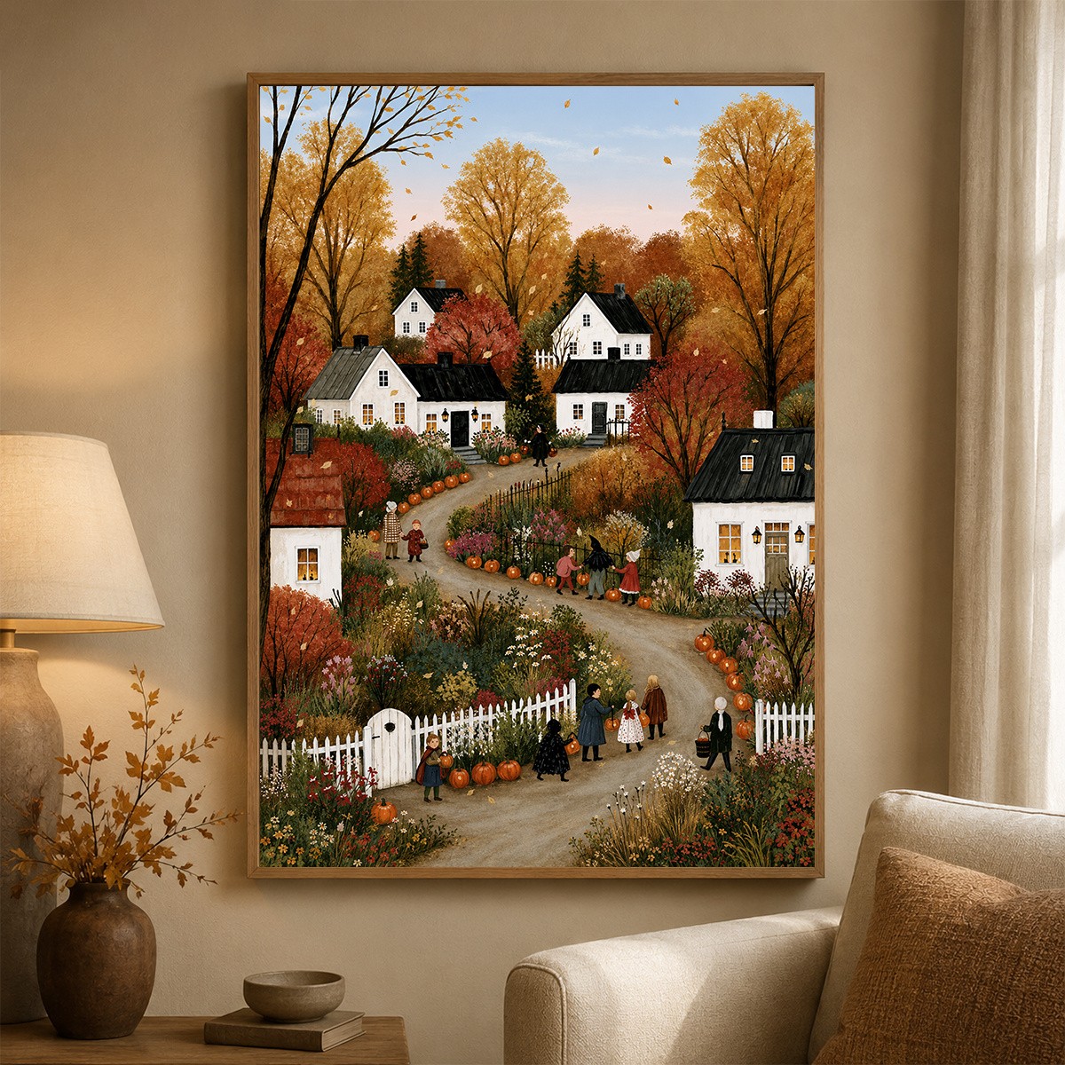 Folk Art Autumn Country Village Framed Canvas Art Pumpkin Farm Landscape Gift Folk Art Autumn Country Village Framed Canvas Art Pumpkin Farm Landscape Gift