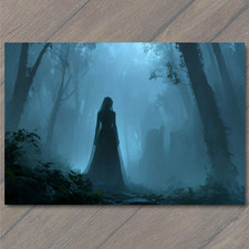 Art Print Veiled Woman Forest Fog Gothic Haunting Silhouette Blue Misty Trees Sp picture