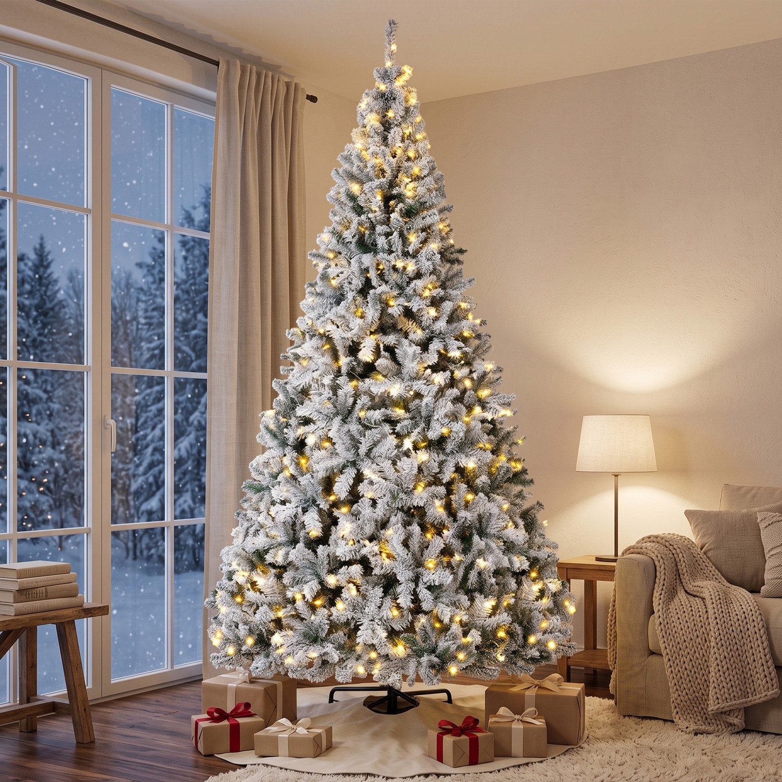 HOMCOM 9ft Flocked Prelit Christmas Tree, Hinged Fraser Fir with LEDs HOMCOM 9ft Flocked Prelit Christmas Tree, Hinged Fraser Fir with LEDs
