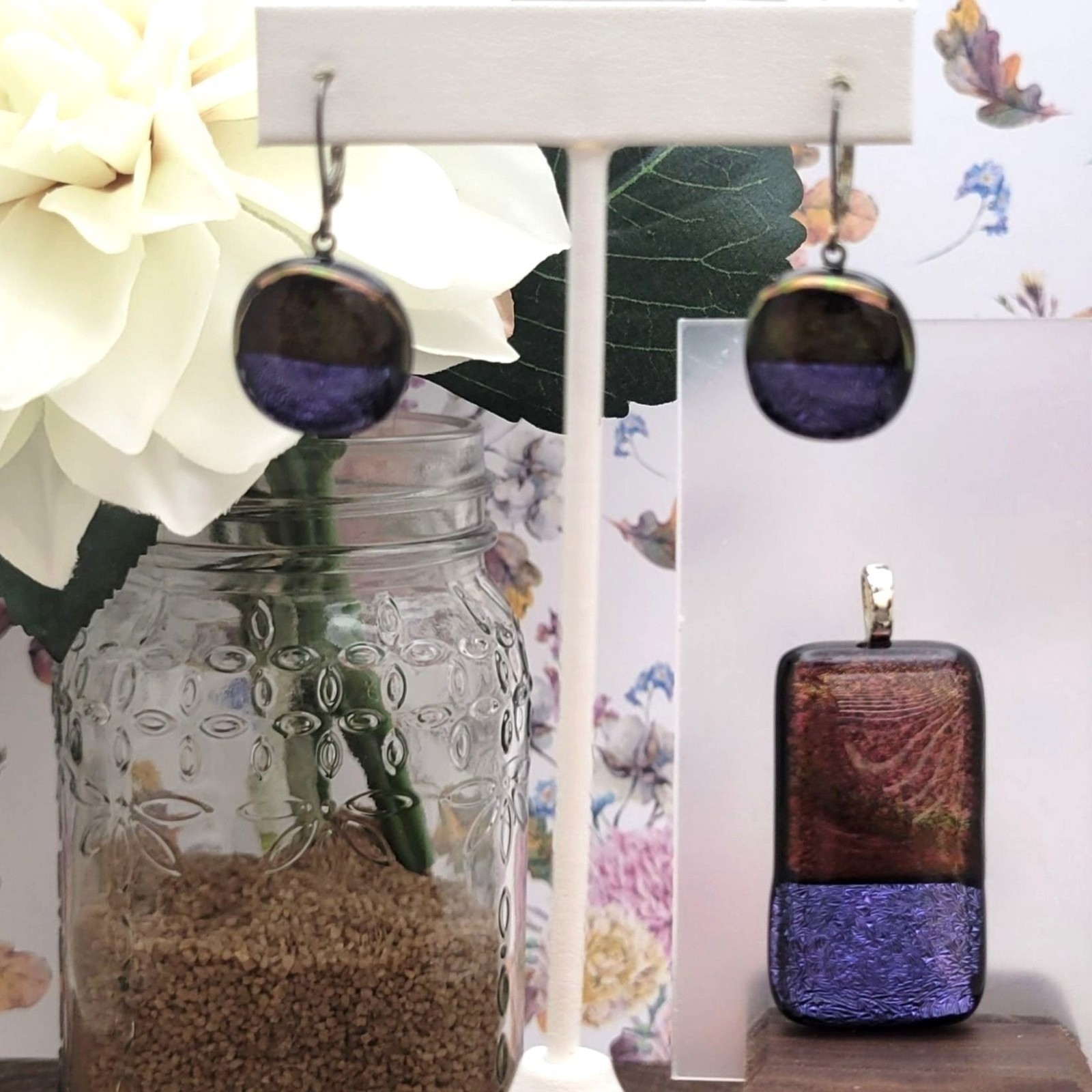 Handcrafted Dichroic Glass Pendant & Earring Set Dangle Drop Multicolor Sparkle Handcrafted Dichroic Glass Pendant & Earring Set Dangle Drop Multicolor Sparkle
