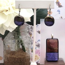 Handcrafted Dichroic Glass Pendant & Earring Set Dangle Drop Multicolor Sparkle picture