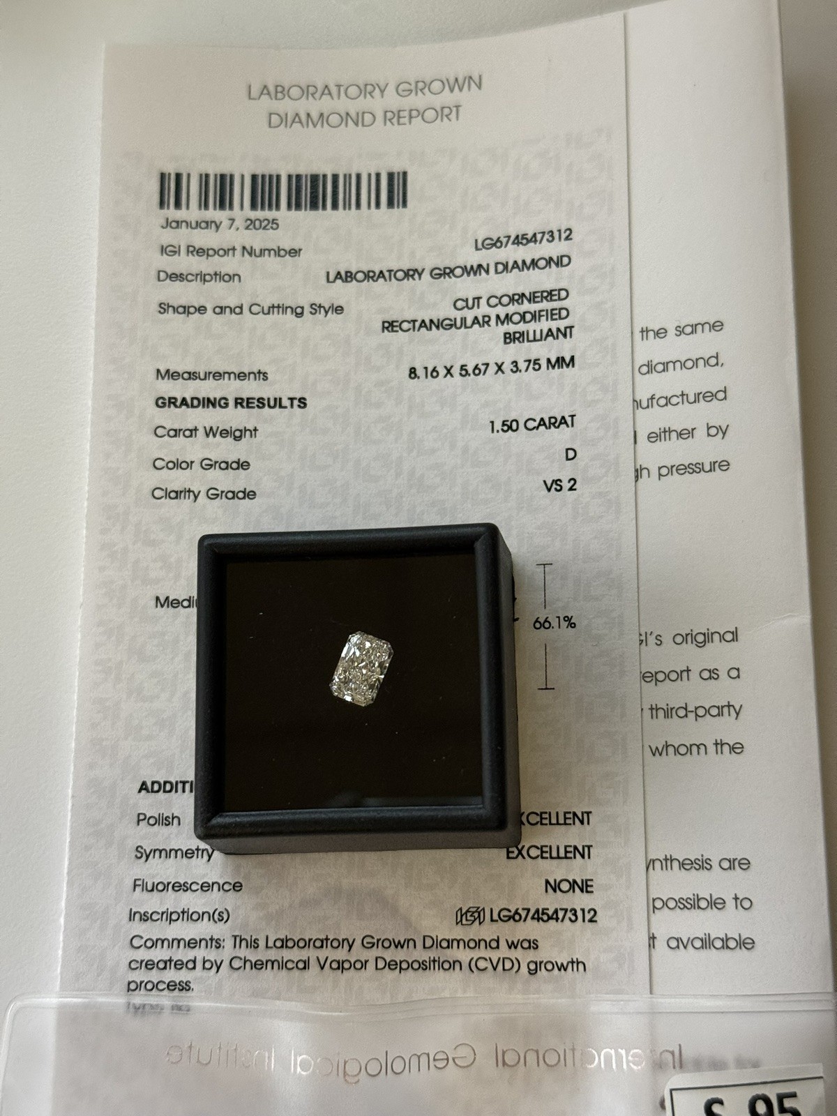 1.50 Radiant Lab Grown Diamond D VS2 IGI Certified