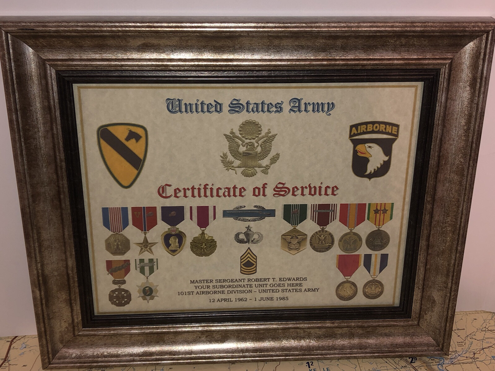 U.S. ARMY CERTIFICATE OF SERVICE / SHADOW BOX PRINT / W-MEDALS U.S. ARMY CERTIFICATE OF SERVICE / SHADOW BOX PRINT / W-MEDALS