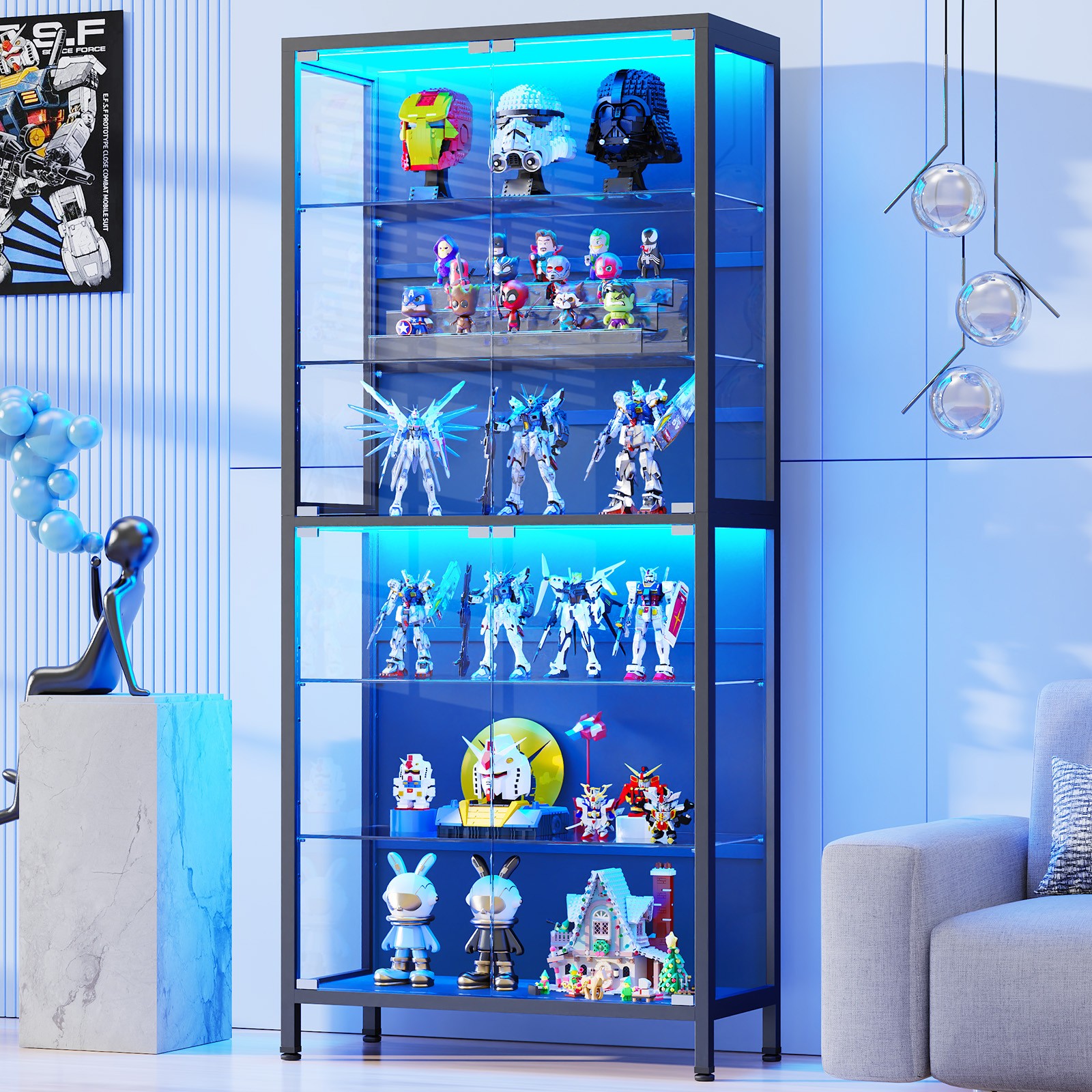 71" Glass Display Case with Adjustable Shelves, 6-Tier Curio Cabinet with Lights