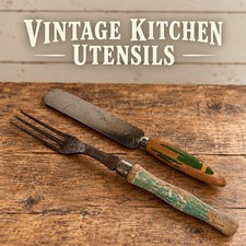Vintage Green Painted Wood Handle Kitchen Utensils Fork Spatula Rustic 2pc picture