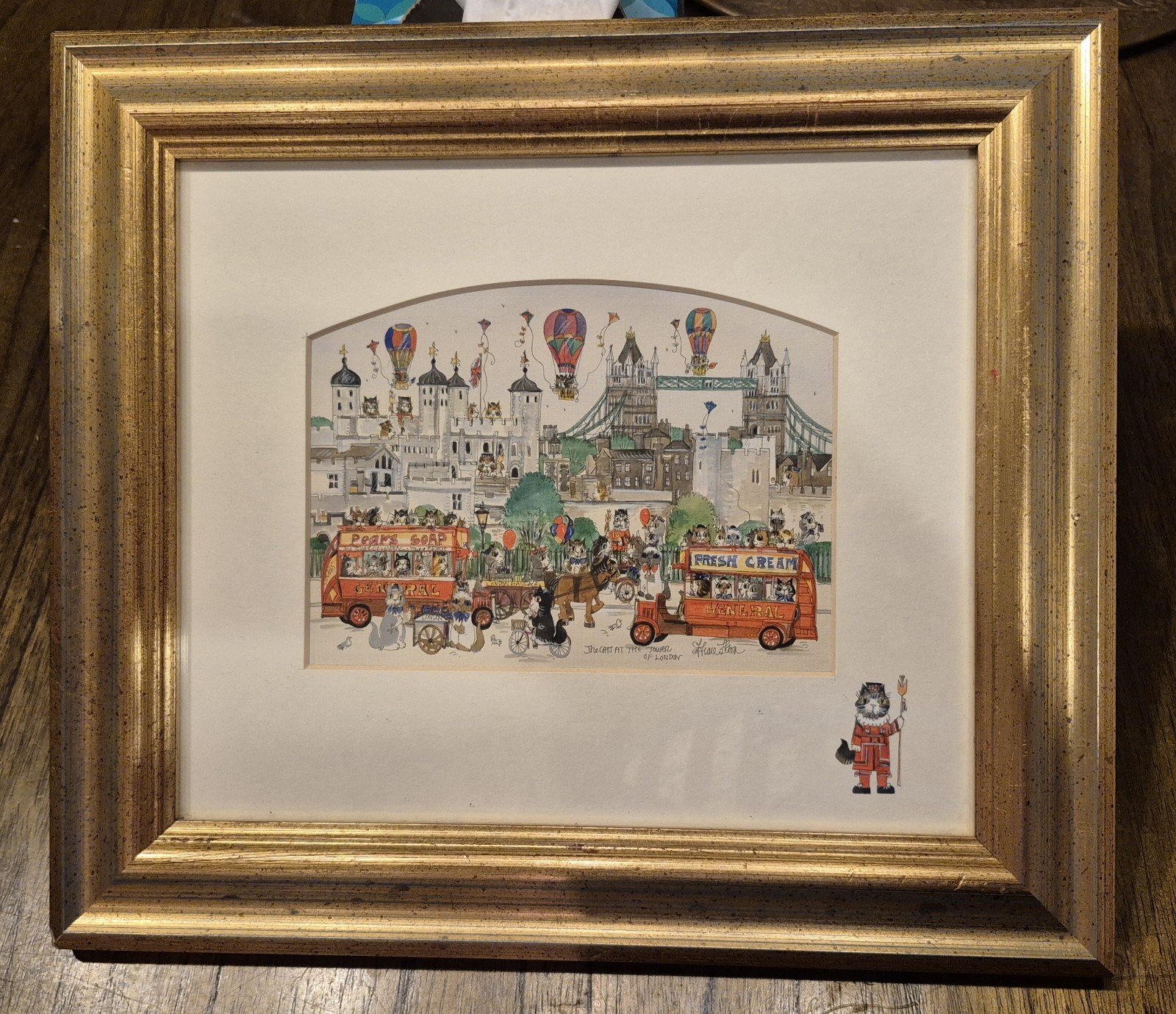 Original Diane Elson Painting "The Cats at the Tower of London" FramedWatercolor
