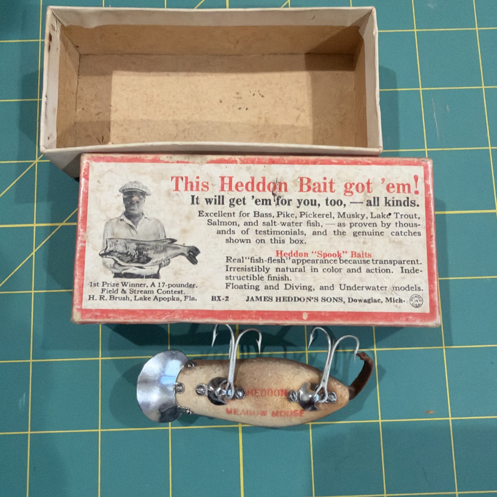 Used Vintage Heddon Meadow Mouse Fishing Lure F200GM w/Box