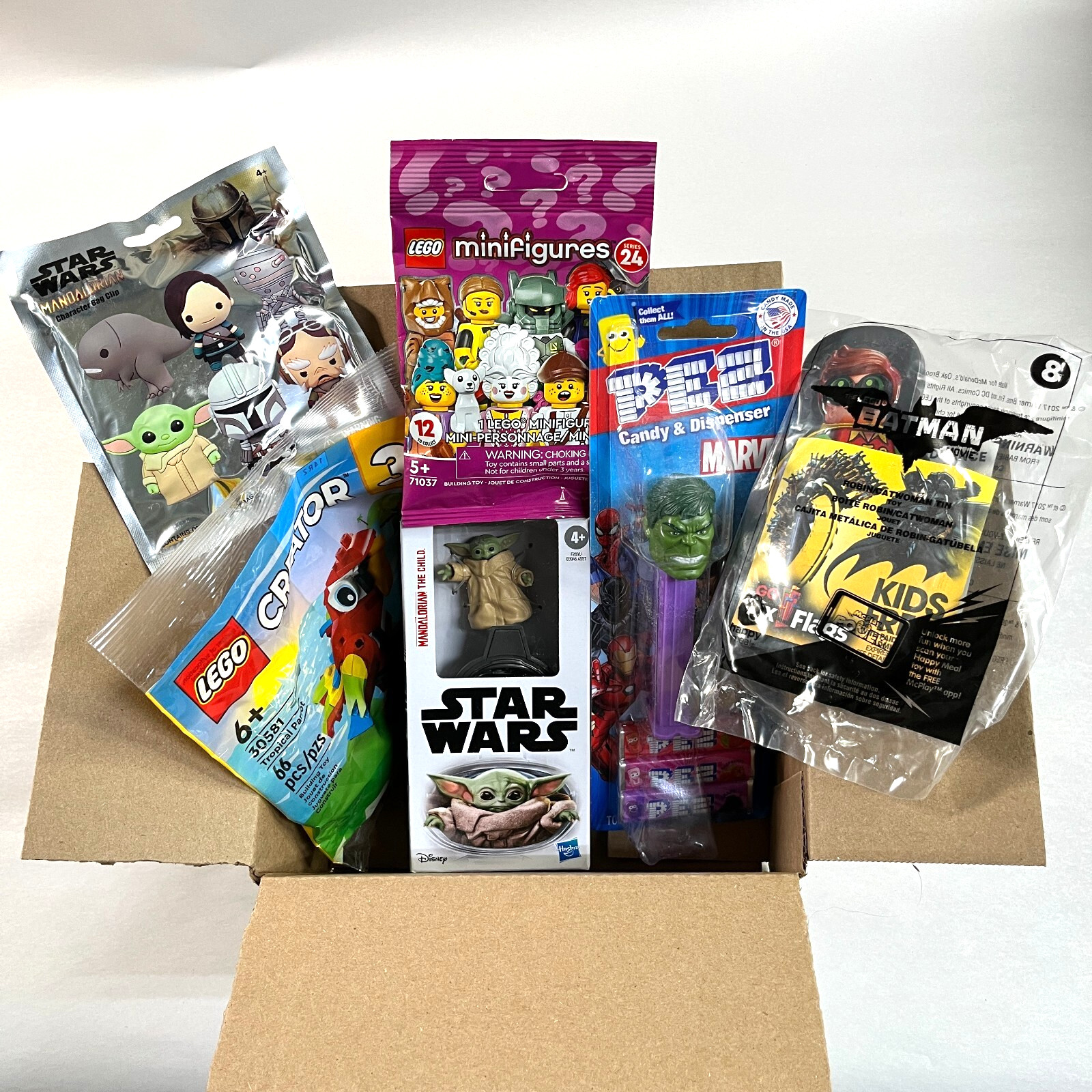 MYSTERY BOX mixed toys & collectibles 6 items - Disney, Marvel, Lego, etc..