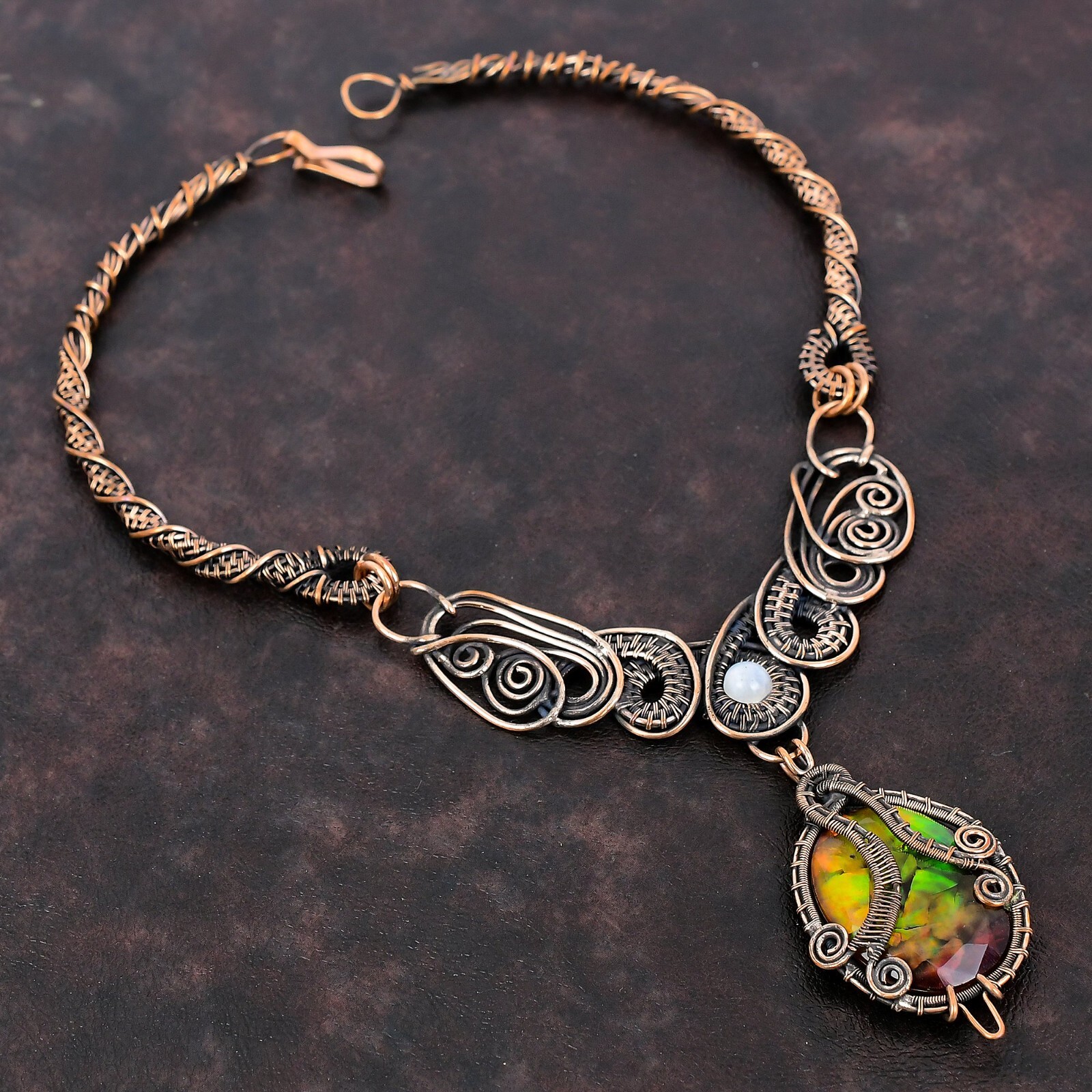 Gift For Her Copper Ammolite Gemstone Jewelry Wire Wrapped Chain Necklace 18.0" Gift For Her Copper Ammolite Gemstone Jewelry Wire Wrapped Chain Necklace 18.0"