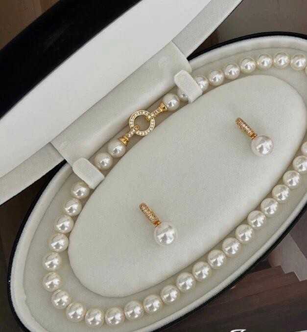 Akoya Premium French Style Pearl Earrings & Necklace Set multi layered Design