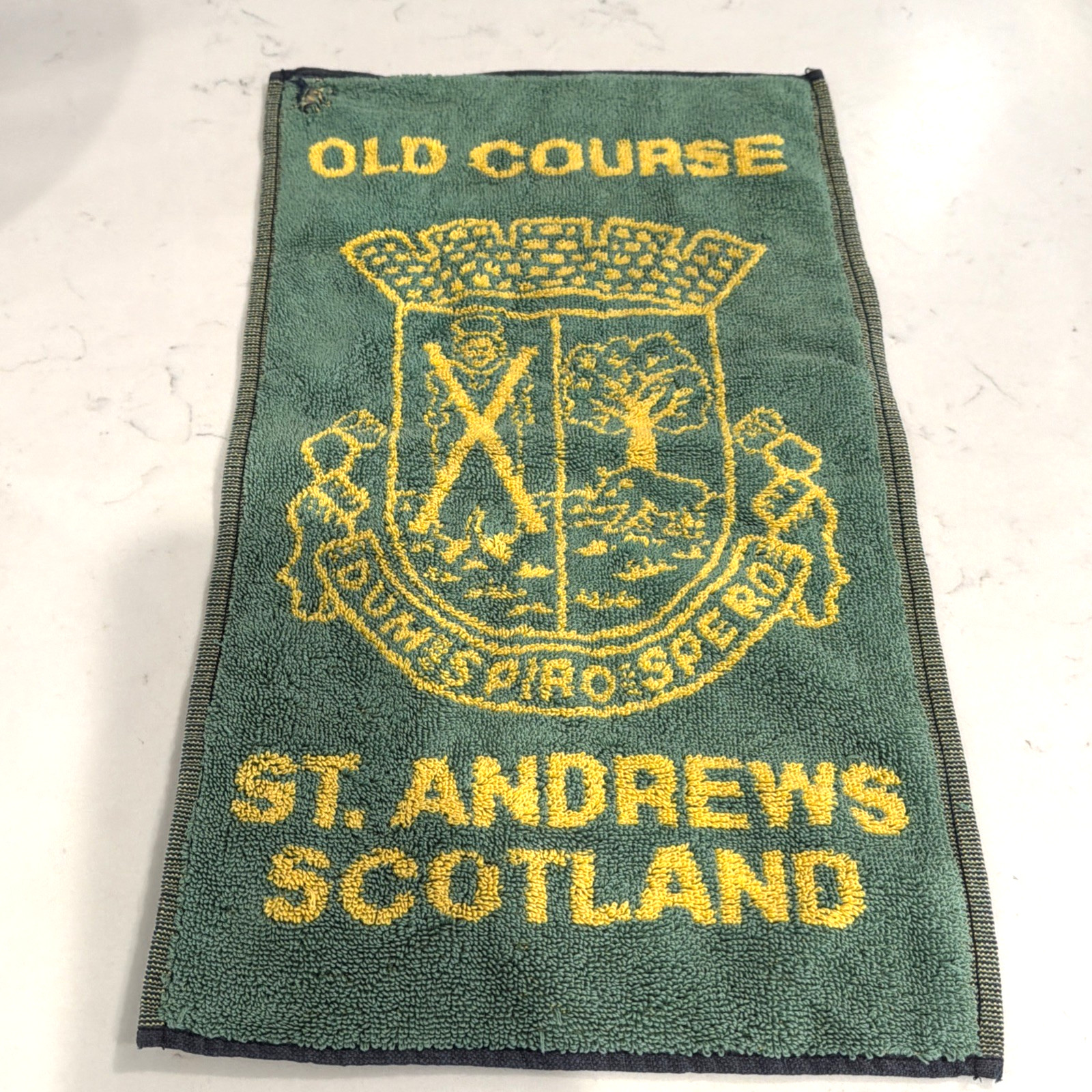 Vtg Old Course St Andrews Scotland Golf Towel Green Yellow England Cotton 17x10"