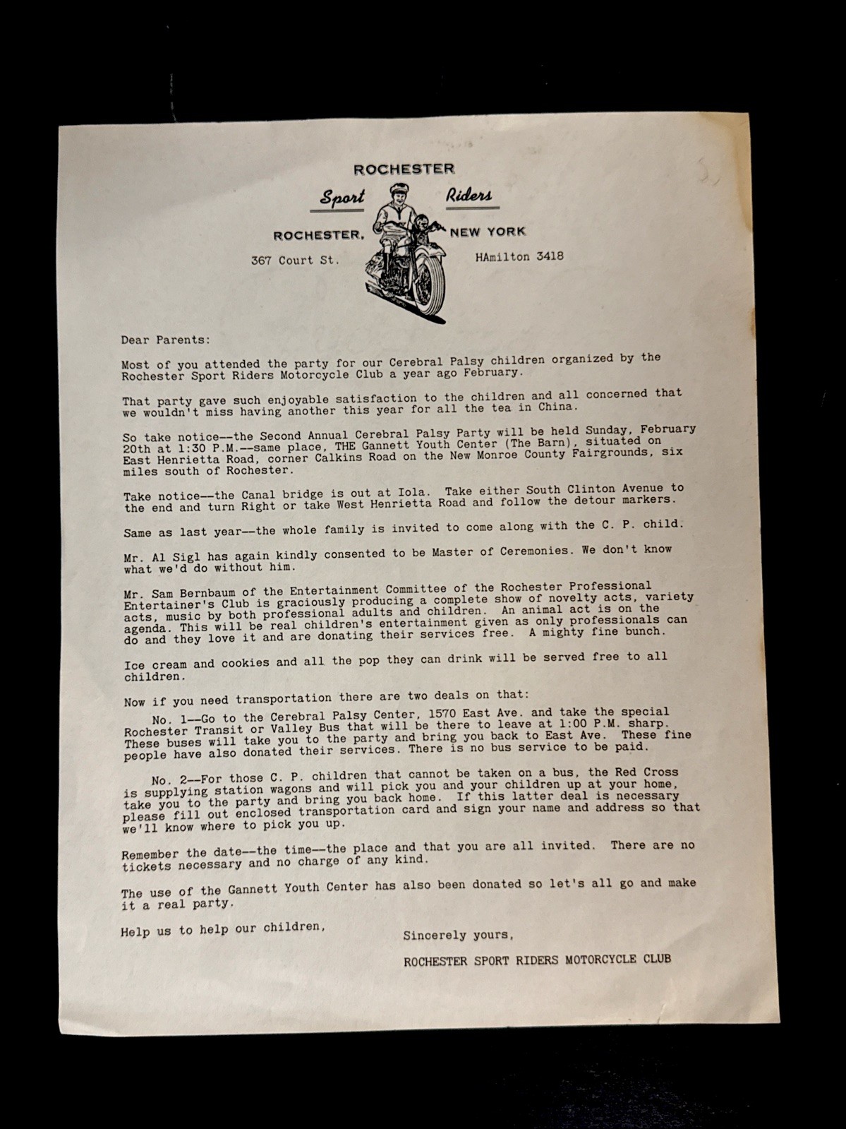 c1940 Rochester Sport Riders Motorcycle Club New York Party Letter Head AO c1940 Rochester Sport Riders Motorcycle Club New York Party Letter Head AO