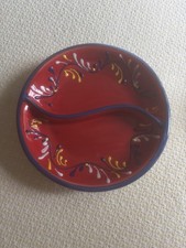 Spain Hand Painted Red Ceramic Serving Bowl Round Divided Tapas Snack Dish picture