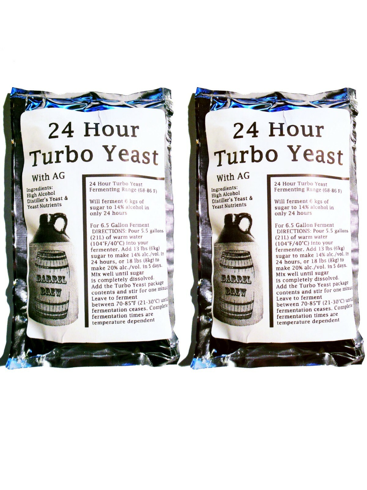 2 Packs 24 Hour Turbo Yeast w/ AG - Moonshine Alcohol Whiskey Rum Vodka 6.5 gal 2 Packs 24 Hour Turbo Yeast w/ AG - Moonshine Alcohol Whiskey Rum Vodka 6.5 gal