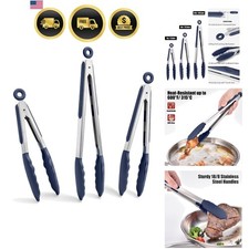 Kitchen Tongs with Silicone Tips for Cooking Serving 3Pcs, Navy picture