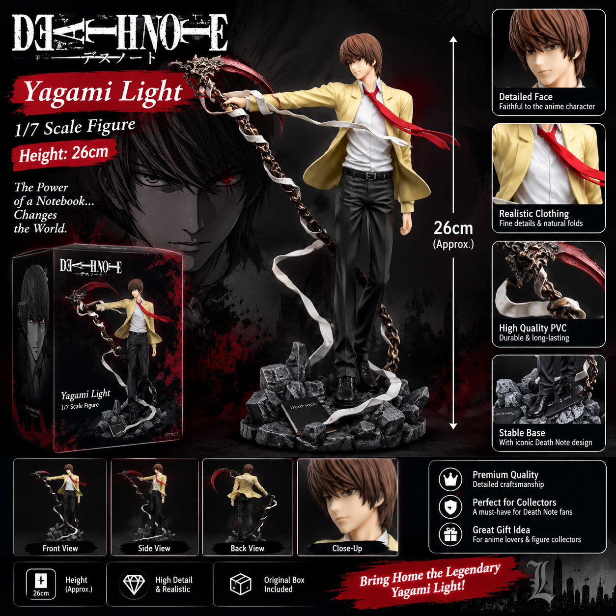 26cm Death Note Anime Yagami Light Action Figure Statue Figurines Pvc Collection 26cm Death Note Anime Yagami Light Action Figure Statue Figurines Pvc Collection