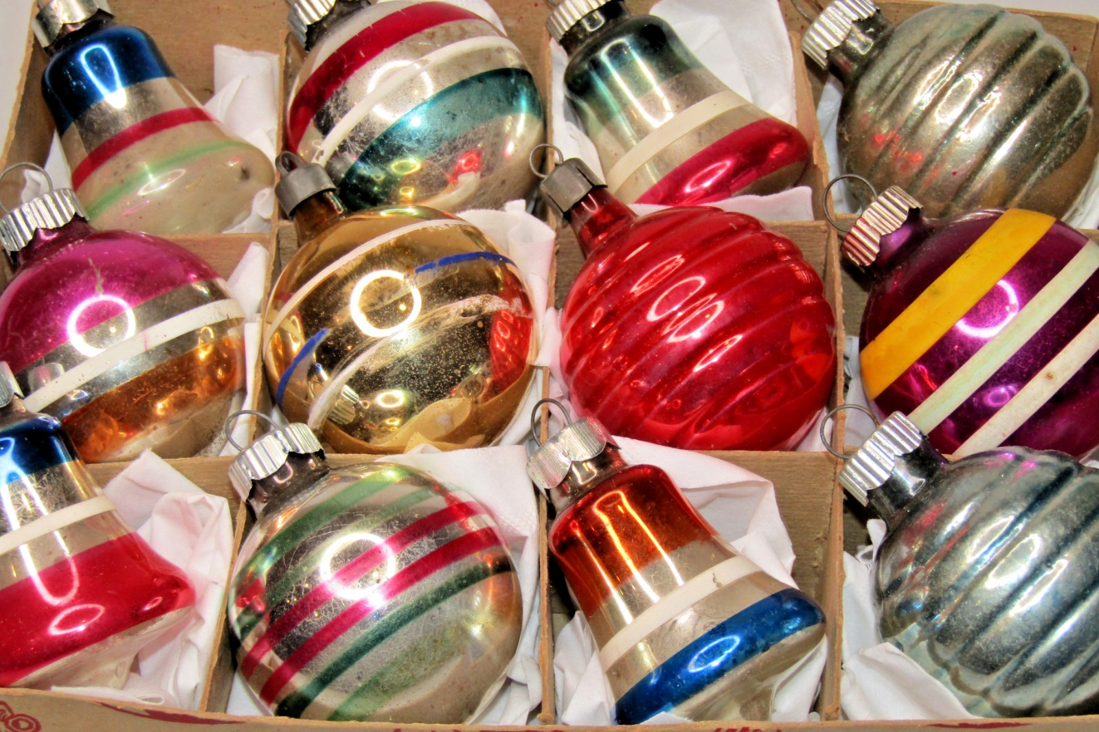 Lot VTG Glass Assorted Striped BALL BELL BALL Christmas Ornaments Shiny Brite Lot VTG Glass Assorted Striped BALL BELL BALL Christmas Ornaments Shiny Brite