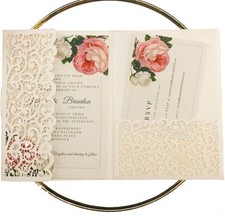 25 Ivory Laser Cut Wedding Invitations 5x7.28" Tri-Fold Pocket picture