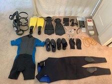 LOT of Diving/Surfing Gear, Fins, Wetsuits, Gloves, Air Tank Harness, SCUBA picture