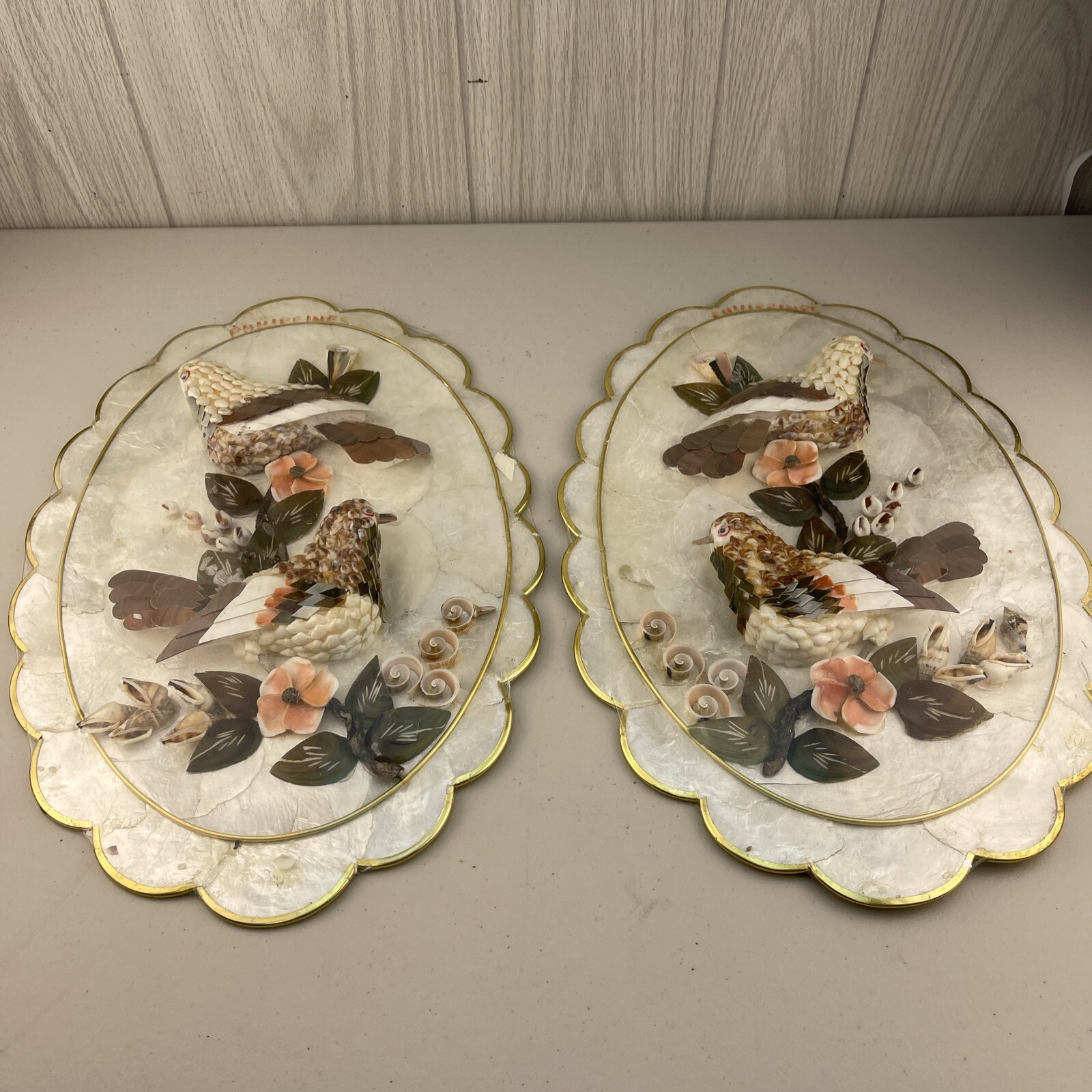 PAIR NOS Vintage Capiz Shell 18" Artwork Birds Flowers Philippines **READ**